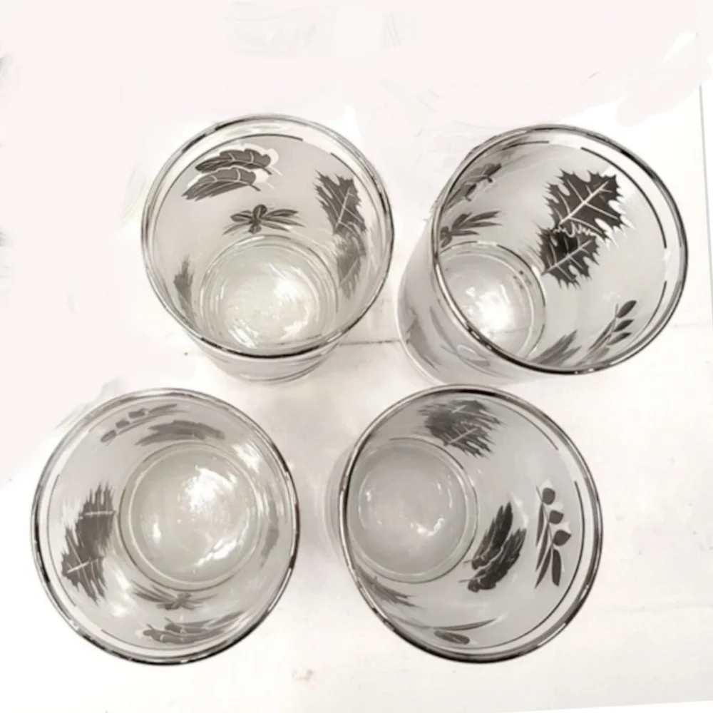 4 Vintage Libbey Metalli Silver Oak Leaves Frosted Collins Glasses 7